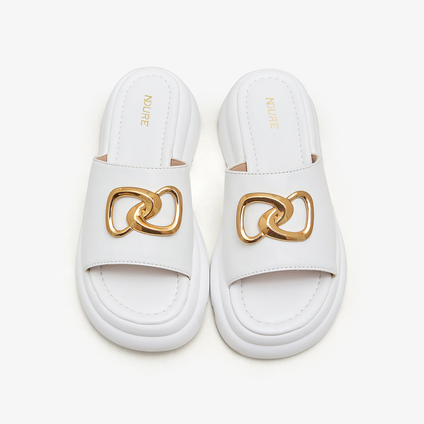 white heeled slides